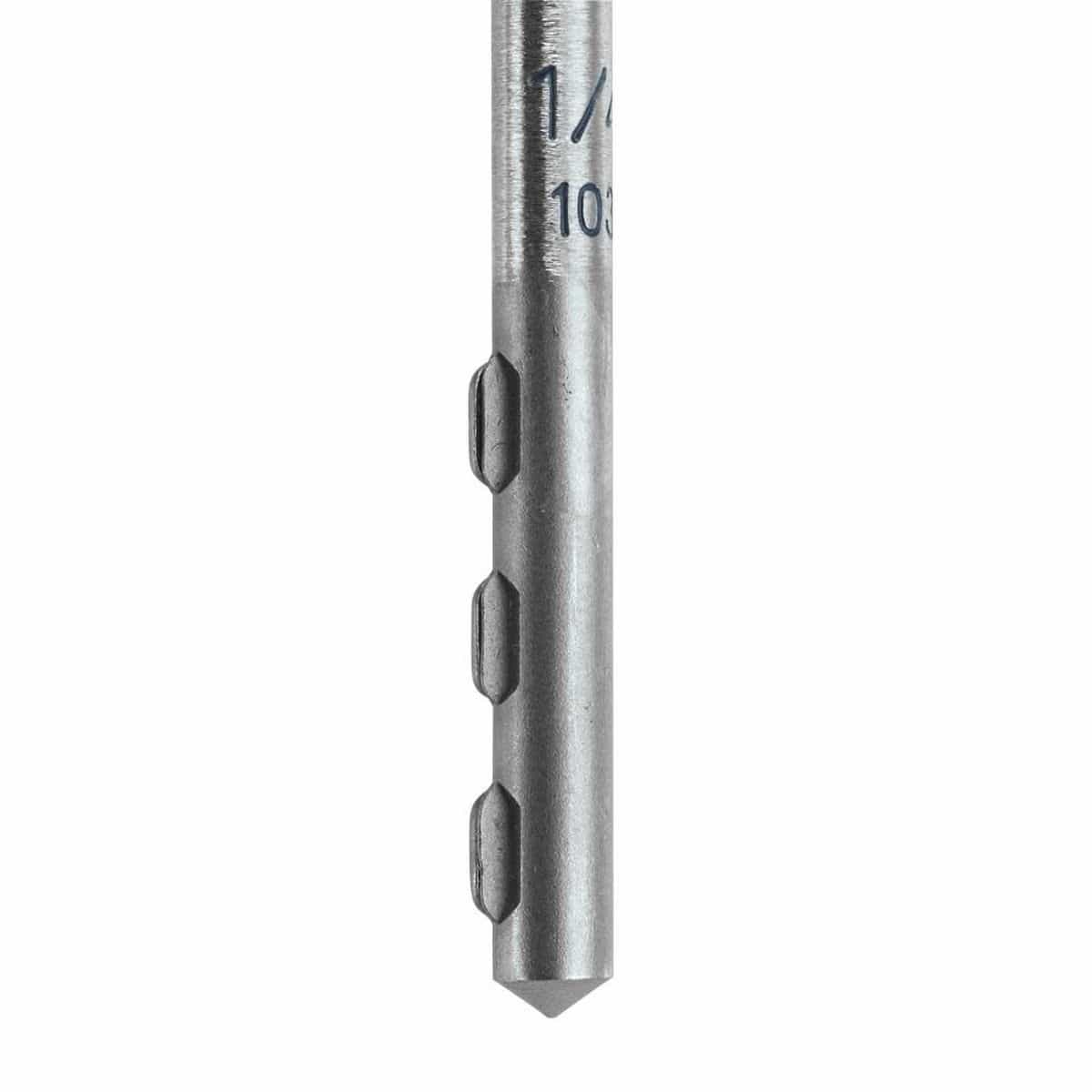 A close-up studio shot of the bottom mount section of a Bosch PowerGrip bit, showcasing its multi-flatted hex shank connection base beneath a silver metal body with etched size markings.