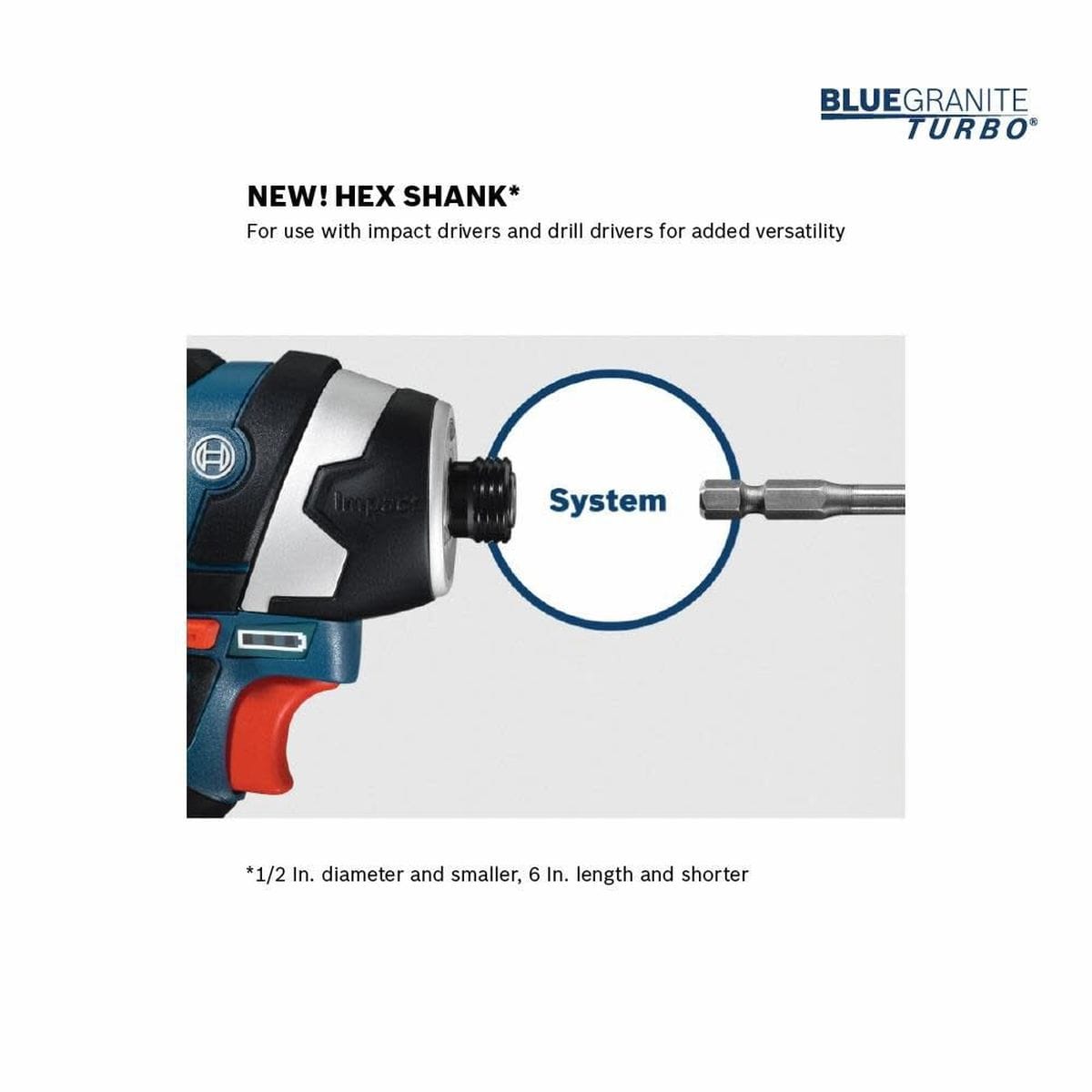 A technical system compatibility illustration showing a side view of a Bosch cordless impact driver chuck aligned directly with the hex shank end of a BlueGranite Turbo bit inside a blue circle graphic labeled System.