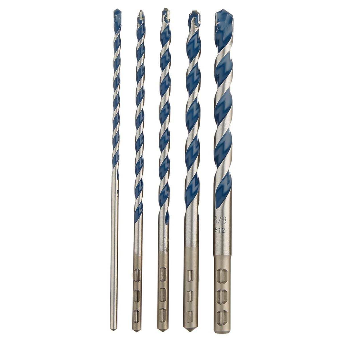 A clean studio product shot of the five diverse drill bits from the Bosch HCBG501T kit arranged vertically by size from shortest to tallest against a crisp white background, showcasing their individual 1/4-inch hex mounting shanks and varying lengths of blue-painted spiral flutes.