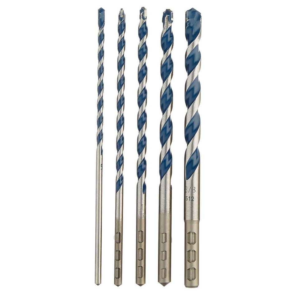 A clean studio product shot of the five diverse drill bits from the Bosch HCBG501T kit arranged vertically by size from shortest to tallest against a crisp white background, showcasing their individual 1/4-inch hex mounting shanks and varying lengths of blue-painted spiral flutes.