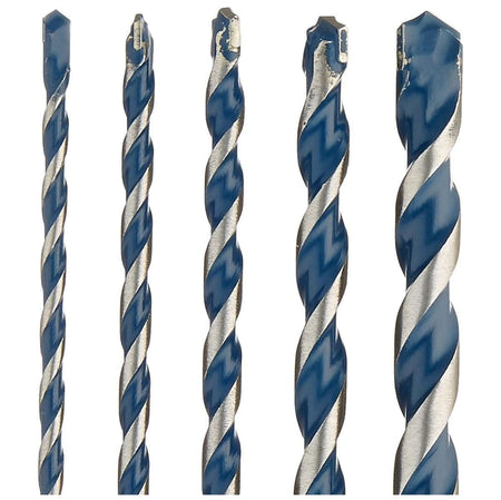 A macro close-up product shot focusing on the upper half of the five Bosch BlueGranite Turbo drill bits, detailing the varying widths of the blue-painted spiral flutes and the geometry of their multi-grind carbide centering tips.
