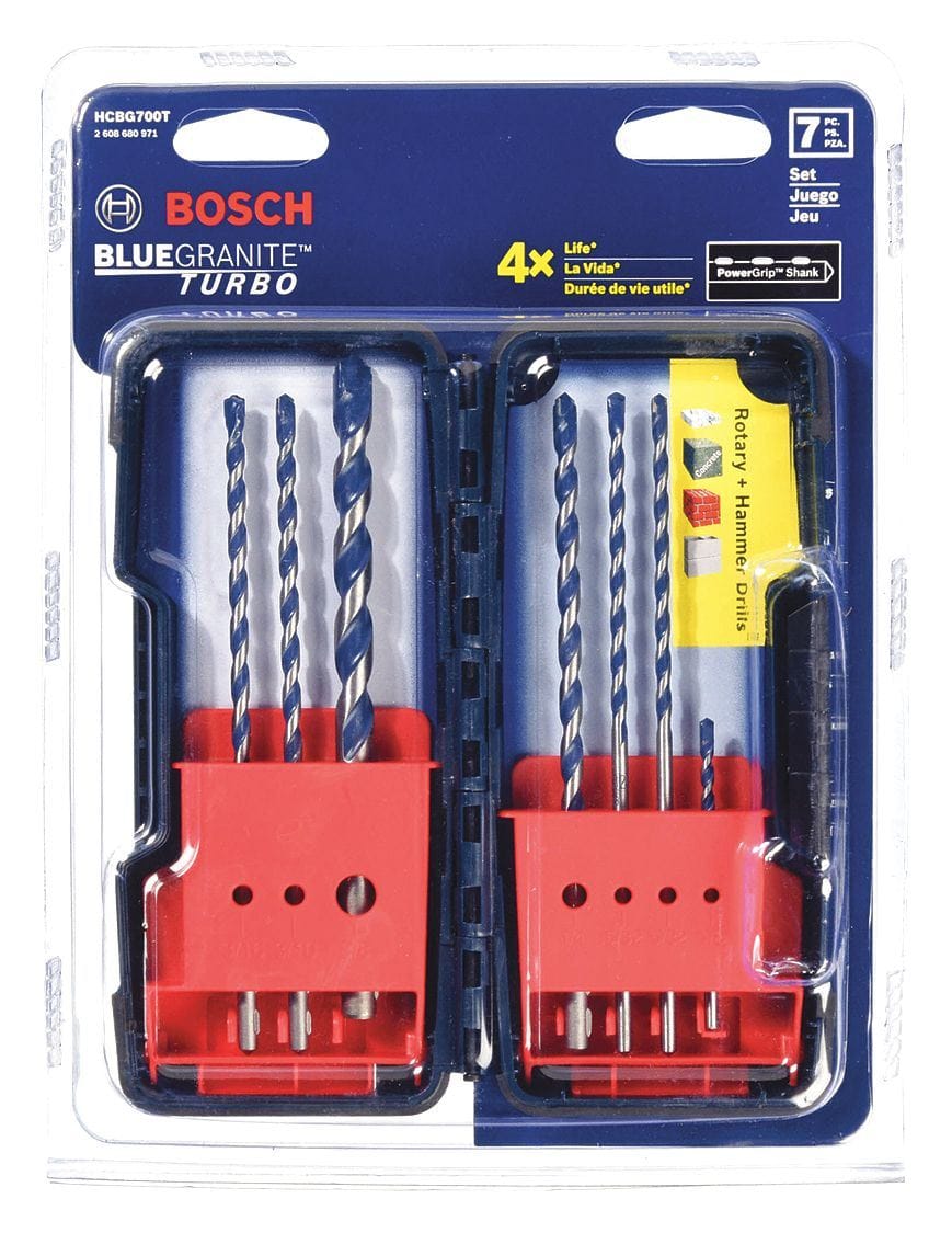 Studio view of the Bosch BlueGranite Turbo 7-piece drill bit set in a hard plastic case, showing the bits organized by size with red holders.