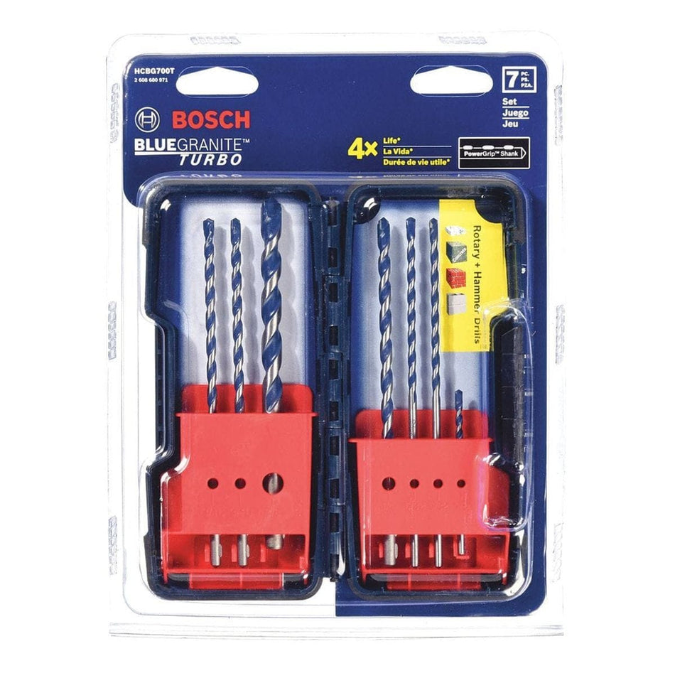 Studio view of the Bosch BlueGranite Turbo 7-piece drill bit set in a hard plastic case, showing the bits organized by size with red holders.