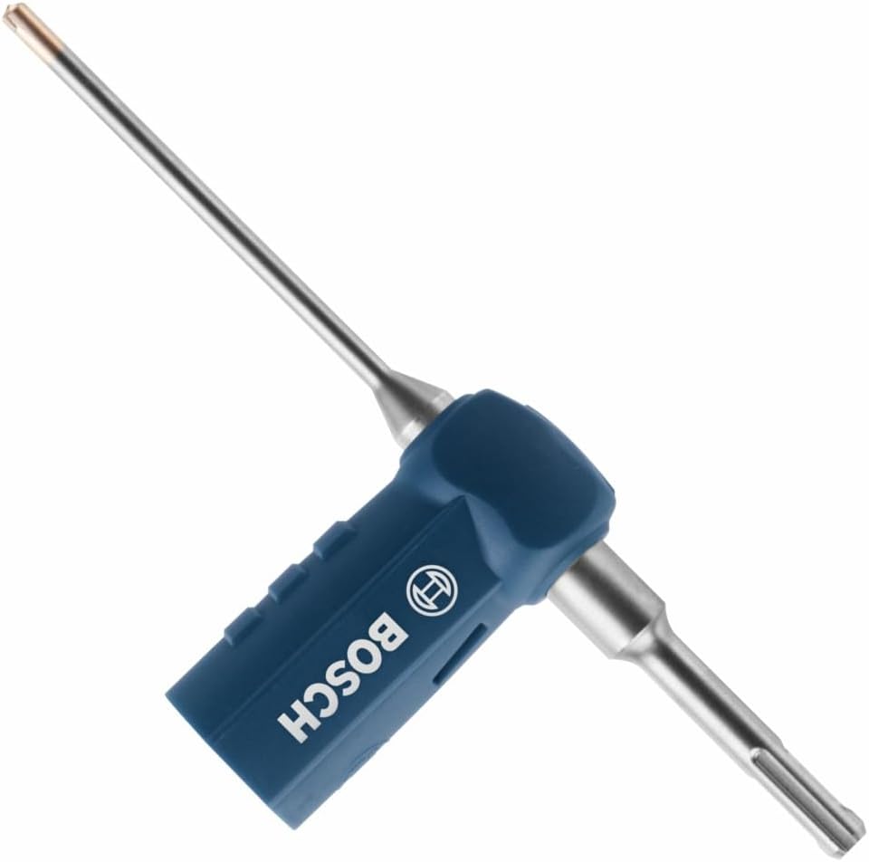 A studio product shot of the Bosch HCD2041 hollow dust extraction hammer drill bit, showcasing its short steel body shaft, an integrated blue rubber vacuum connection sleeve displaying a white Bosch logo, and a universal SDS-plus shank connection configuration.