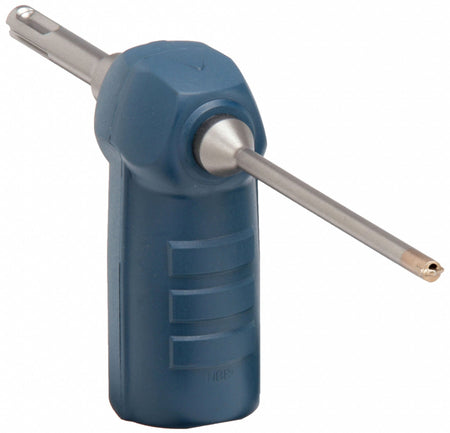 A close-up perspective view of the Bosch HCD2041 masonry bit resting on a solid surface, highlighting the tip head with its two-cutter geometry and the internal channel ports designed to pull concrete dust down into the blue rubber extraction collar.