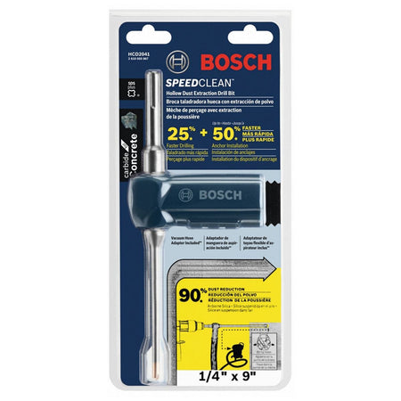 The Bosch HCD2041 1/4-inch x 9-inch Speed Clean hollow concrete masonry bit enclosed inside its original clear plastic retail clamshell packaging, which displays performance callouts emphasizing 25% faster drilling, 50% faster anchor installation, and 90% jobsite dust reduction.
