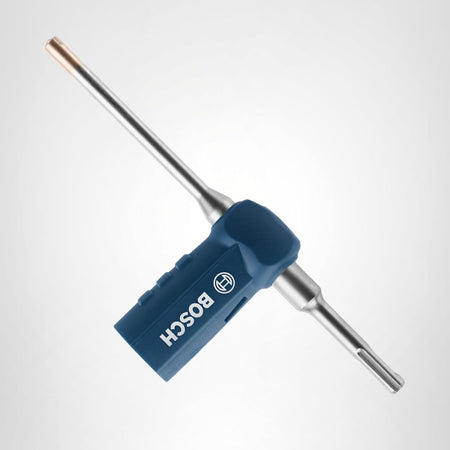 A clean product studio shot of the Bosch HCD2061 hollow dust extraction hammer drill bit against a soft light gray background, showcasing its precision steel shaft body, an integrated blue rubber vacuum connection sleeve displaying a white Bosch logo, and a universal SDS-plus shank connection configuration.