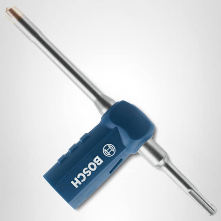 A studio product shot of the Bosch HCD2081 hollow dust extraction hammer drill bit, highlighting its short steel shaft body, integrated blue rubber vacuum connection sleeve displaying a white Bosch logo, and universal SDS-plus shank connection configuration.