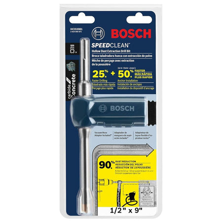 The Bosch HCD2081 1/2-inch x 9-inch Speed Clean hollow concrete masonry bit shown enclosed inside its original clear plastic retail clamshell packaging, displaying promotional graphics advertising key features like 25% faster drilling, 50% faster anchor installation, and 90% dust reduction.