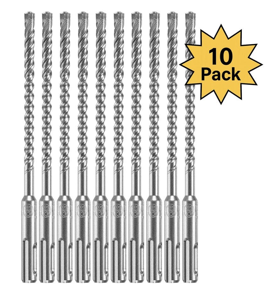 A studio product shot featuring ten identical Bosch Bulldog Xtreme SDS-plus rotary hammer drill bits arranged vertically, accompanied by a yellow 10 Pack starburst graphic.