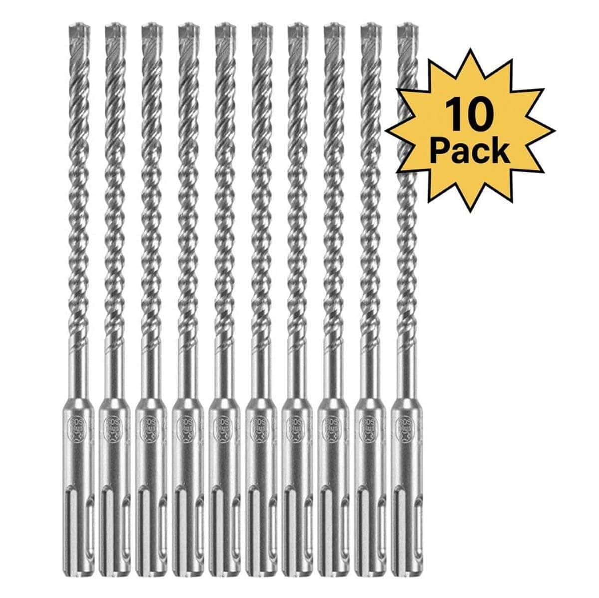 A studio product shot featuring ten identical Bosch Bulldog Xtreme SDS-plus rotary hammer drill bits arranged vertically, accompanied by a yellow 10 Pack starburst graphic.