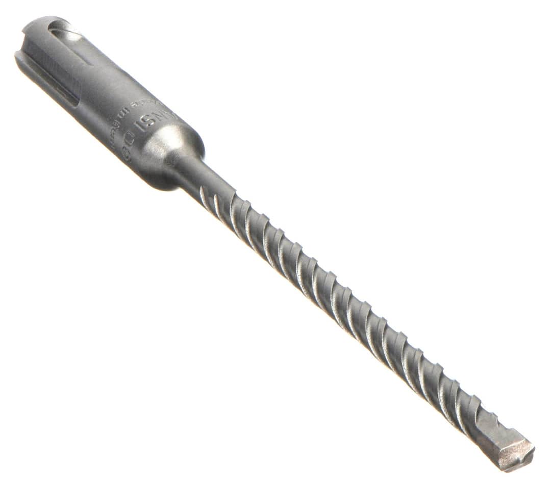 A studio shot of a single Bosch Bulldog Xtreme SDS-plus rotary hammer drill bit shown at an angle, highlighting the silver SDS-plus shank and the variable flute design.