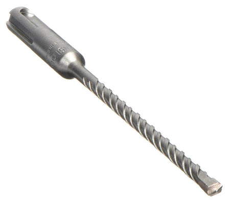 A studio shot of a single Bosch Bulldog Xtreme SDS-plus rotary hammer drill bit shown at an angle, highlighting the silver SDS-plus shank and the variable flute design.