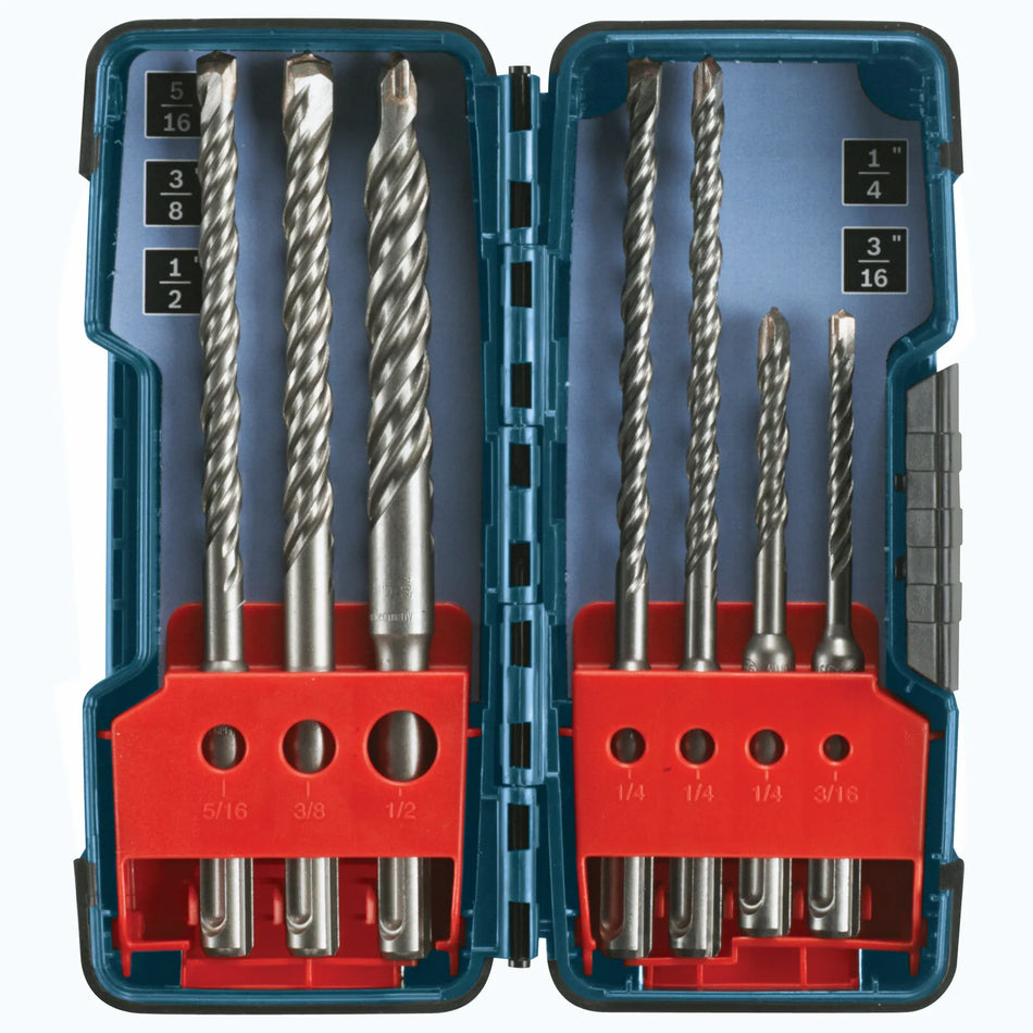 The Bosch HCK001 SDS Plus Bulldog Carbide Rotary Hammer Drill Bit Set, 7 Piece, is shown open. The seven heavy duty masonry bits are vertically organized inside a blue plastic storage case with red inserts, each bit held securely in its labeled slot with a visible measurement, from 3/16 inch up to 1/2 inch.