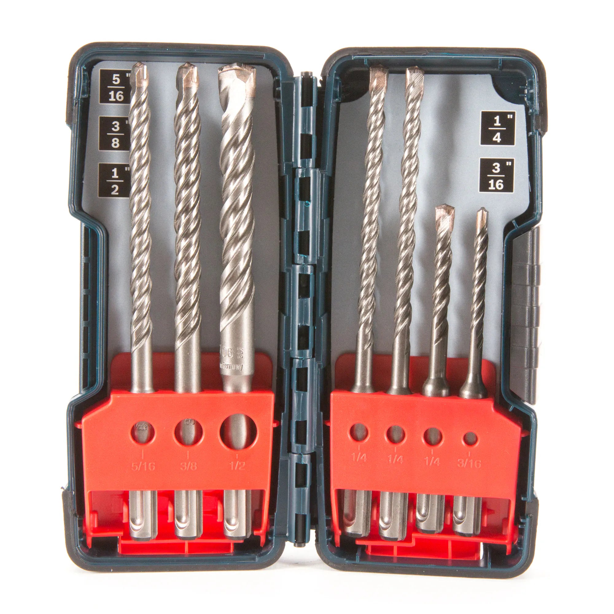 A top-down view of the Bosch HCK001 SDS Plus Bulldog 7 Piece Carbide Rotary Hammer Drill Bit Set, displaying seven heavy duty concrete and masonry drilling bits meticulously arranged by size, from 3/16 inch up to 1/2 inch, within their open, blue plastic storage case with red inserts.