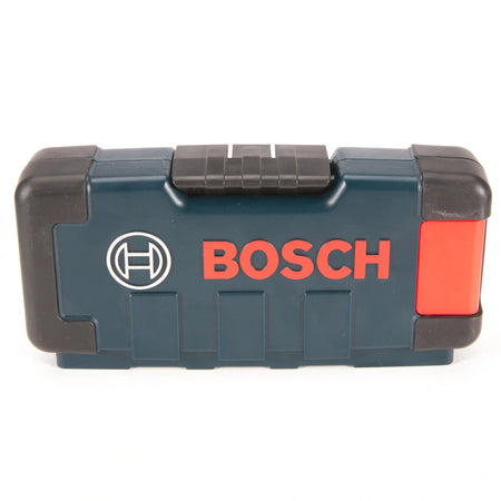 A front-facing view of the sturdy, closed blue and black plastic storage case for the Bosch HCK001 7 Piece SDS Plus Bulldog Carbide Rotary Hammer Drill Bit Set, with the prominent white and red Bosch logo centered on the case, indicating the quality of the heavy duty concrete and masonry drilling bits inside.