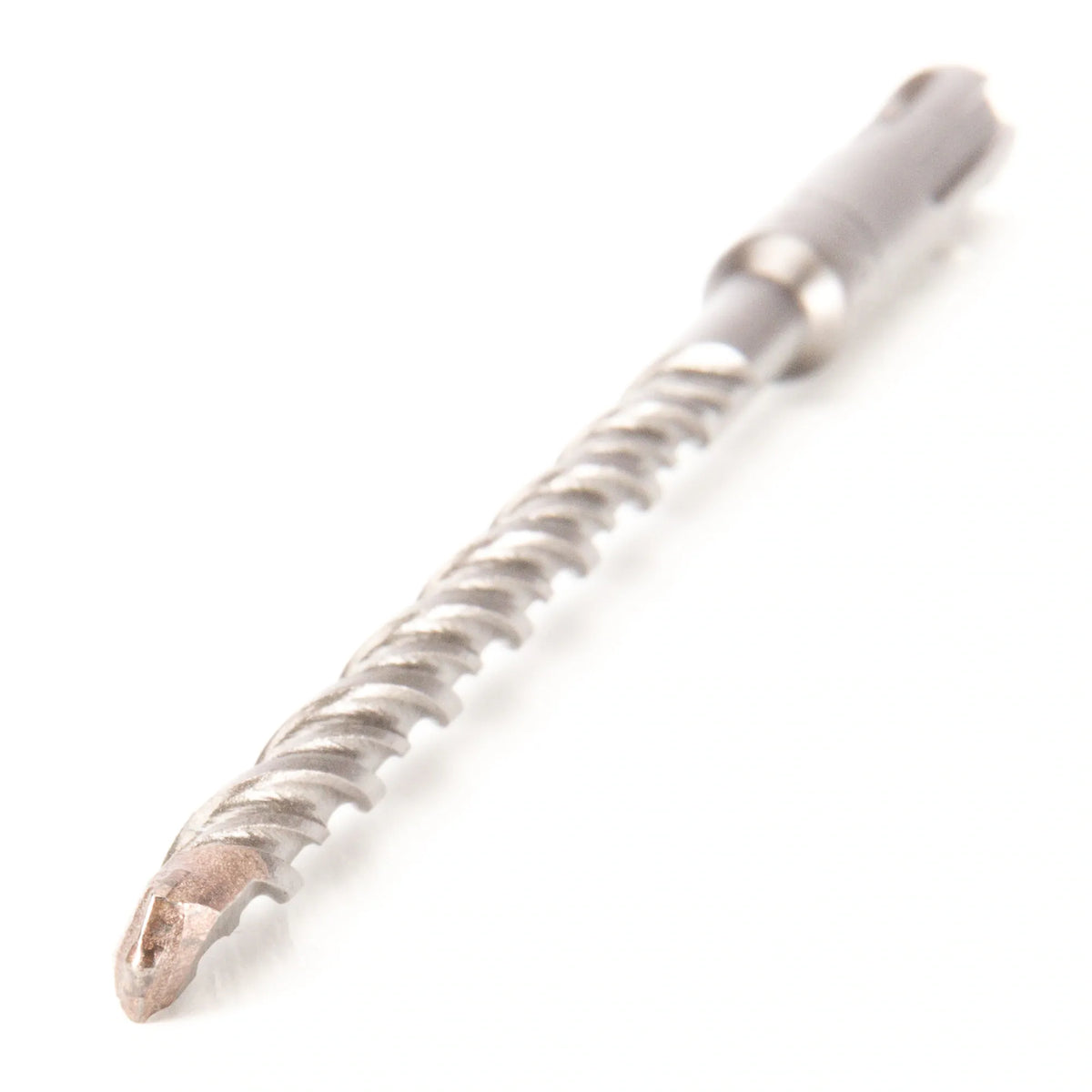 A high-angle close-up view of a single Bosch Bulldog SDS Plus carbide rotary hammer drill bit, featuring its unique tip geometry and full-length flute design, engineered for exceptional speed and durability when drilling into hard concrete and masonry materials.