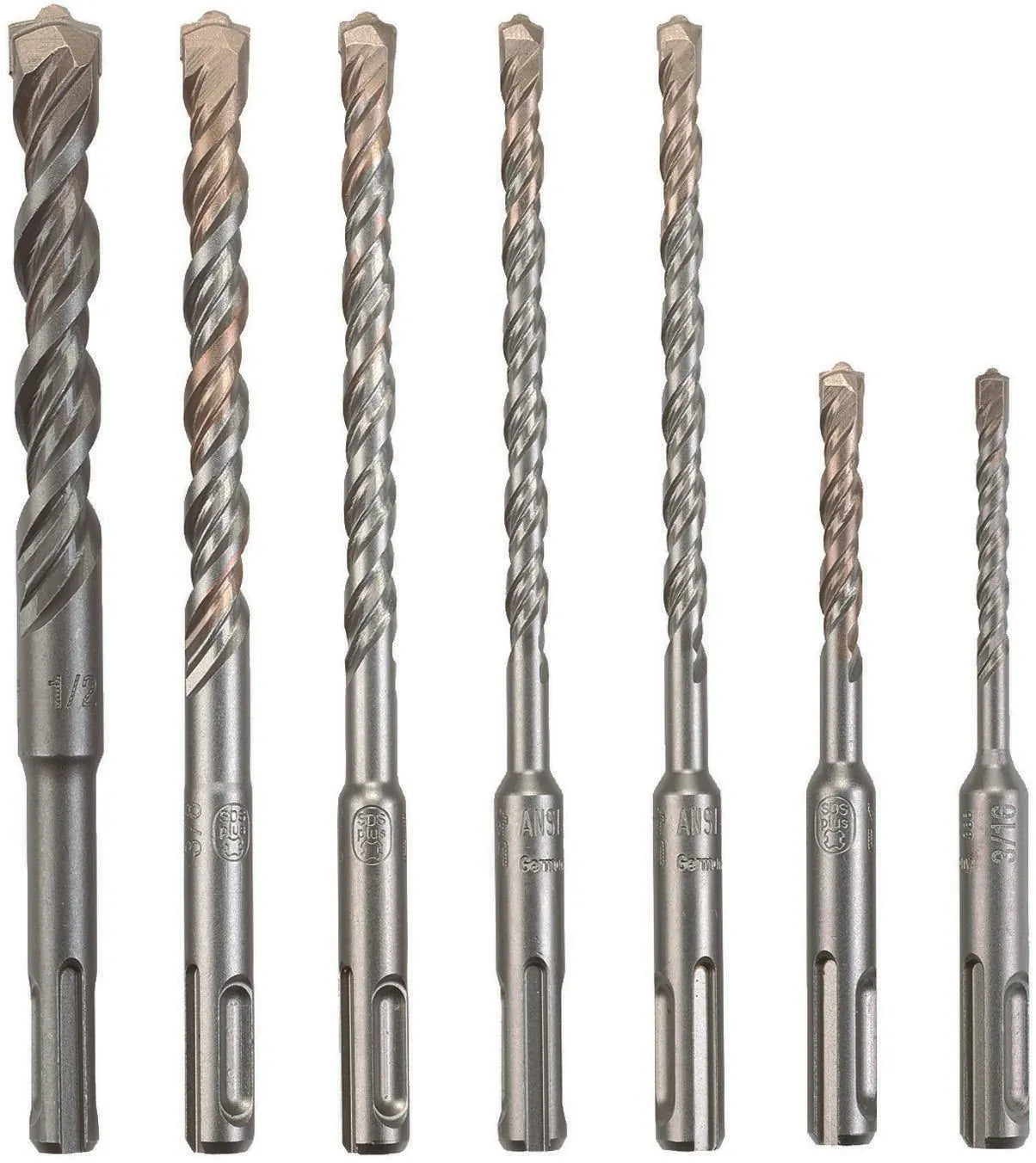 A vertical arrangement of all seven bits from the Bosch HCK001 SDS Plus Bulldog Carbide Rotary Hammer Drill Bit Set, clearly displaying their varied sizes and lengths, designed to meet the demands of diverse concrete and masonry drilling projects.