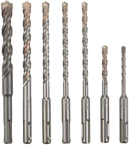 A vertical arrangement of all seven bits from the Bosch HCK001 SDS Plus Bulldog Carbide Rotary Hammer Drill Bit Set, clearly displaying their varied sizes and lengths, designed to meet the demands of diverse concrete and masonry drilling projects.