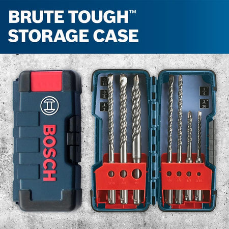 A composite image featuring both the closed Bosch heavy duty storage case and the open case with the 7 Piece Bulldog SDS Plus Carbide Rotary Hammer Drill Bit Set, highlighting the robust Brute Tough construction and convenient organisation provided by the case for these essential masonry drilling tools.