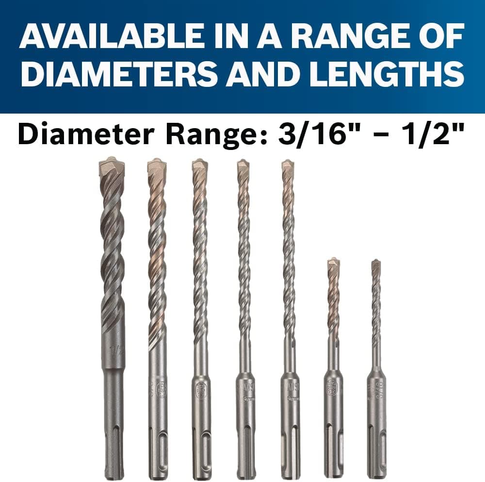 A horizontal line-up of the seven SDS Plus drill bits from the Bosch HCK001 Bulldog set, showcasing the full range of diameters and lengths available in this versatile kit, from 3/16 inch to 1/2 inch, perfect for all concrete and masonry drilling tasks.
