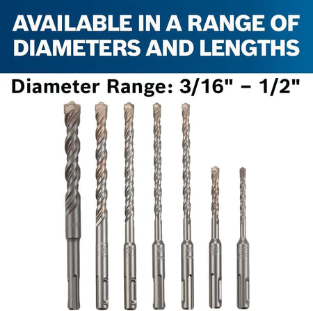 A horizontal line-up of the seven SDS Plus drill bits from the Bosch HCK001 Bulldog set, showcasing the full range of diameters and lengths available in this versatile kit, from 3/16 inch to 1/2 inch, perfect for all concrete and masonry drilling tasks.
