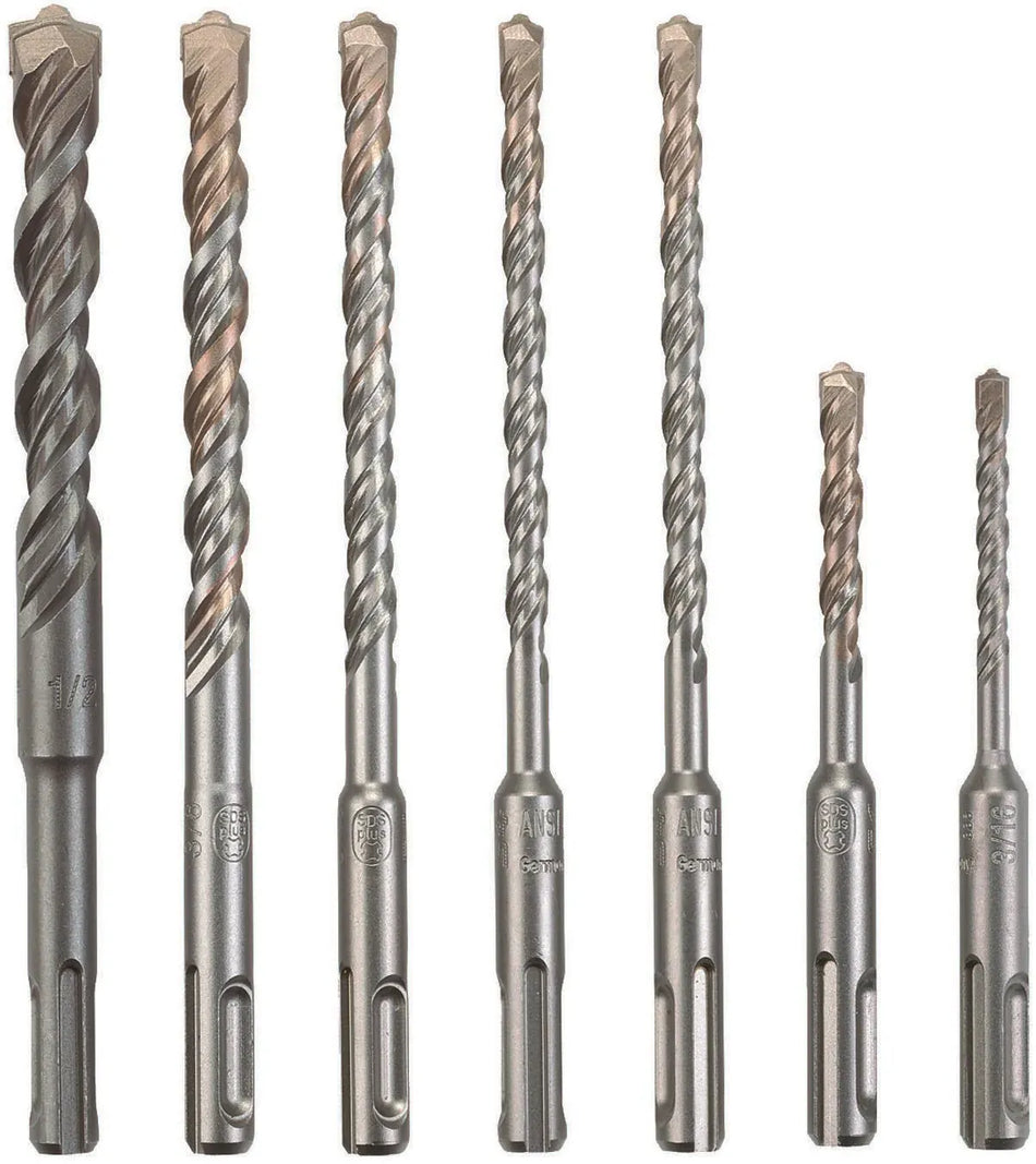 A side-by-side vertical lineup showing all five pieces of the Bosch HCK005 SDS Plus Bulldog Carbide Rotary Hammer Drill Bit Set, arranged by diameter and length to showcase the full selection of heavy duty concrete and masonry drilling bits.