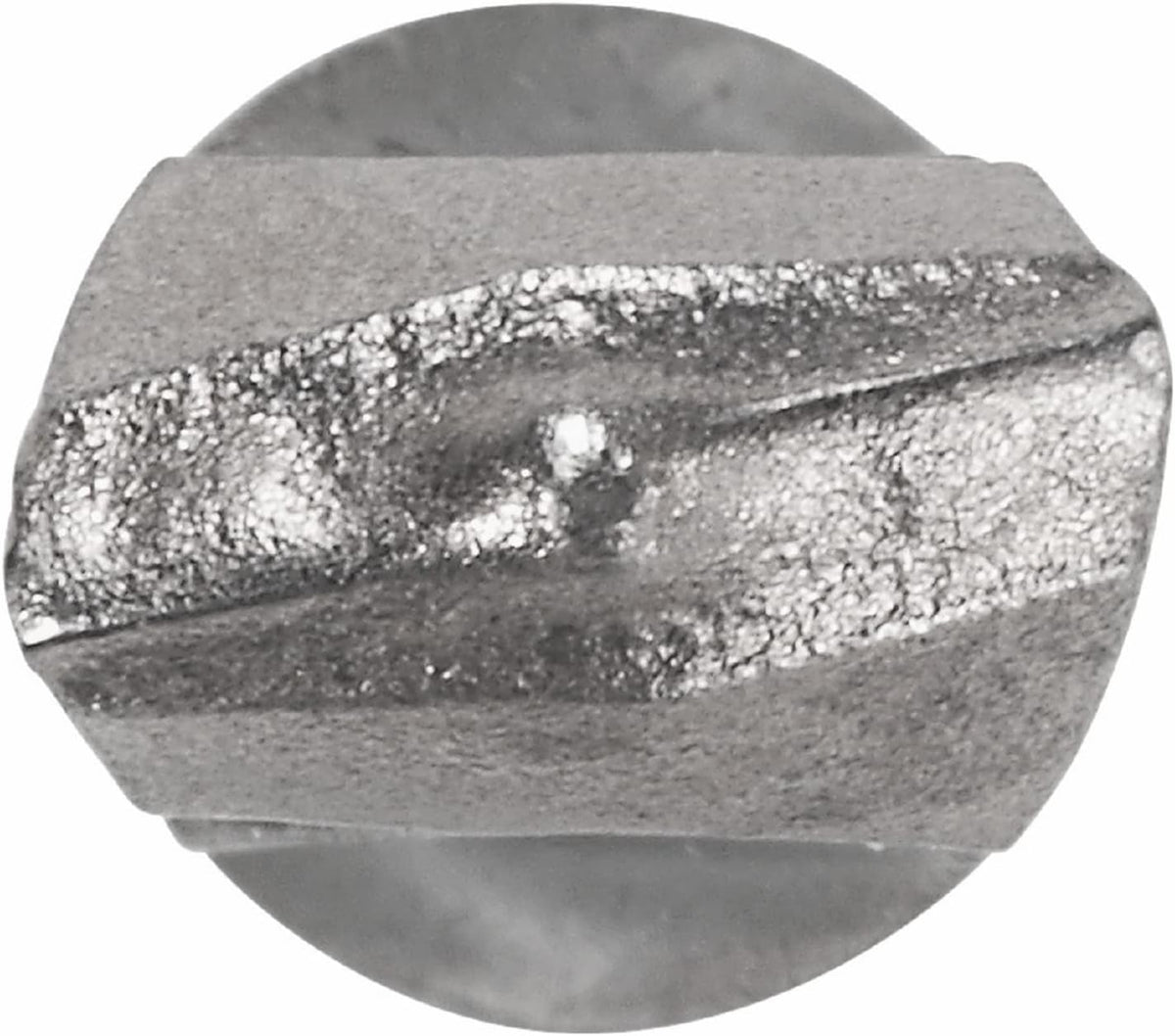 A top-down view looking directly at the 2-cutter head of a Bosch carbide rotary hammer bit, highlighting the specialized centric tip geometry designed for quick starts and smooth hole consistency in solid concrete.