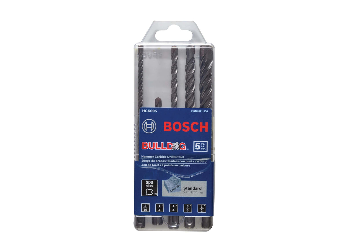 A front-facing view of the Bosch HCK005 5 Piece SDS Plus Bulldog Carbide Rotary Hammer Drill Bit Set packed inside its original clear and blue retail storage case, showing the distinct bit sizing labels along the bottom edge.