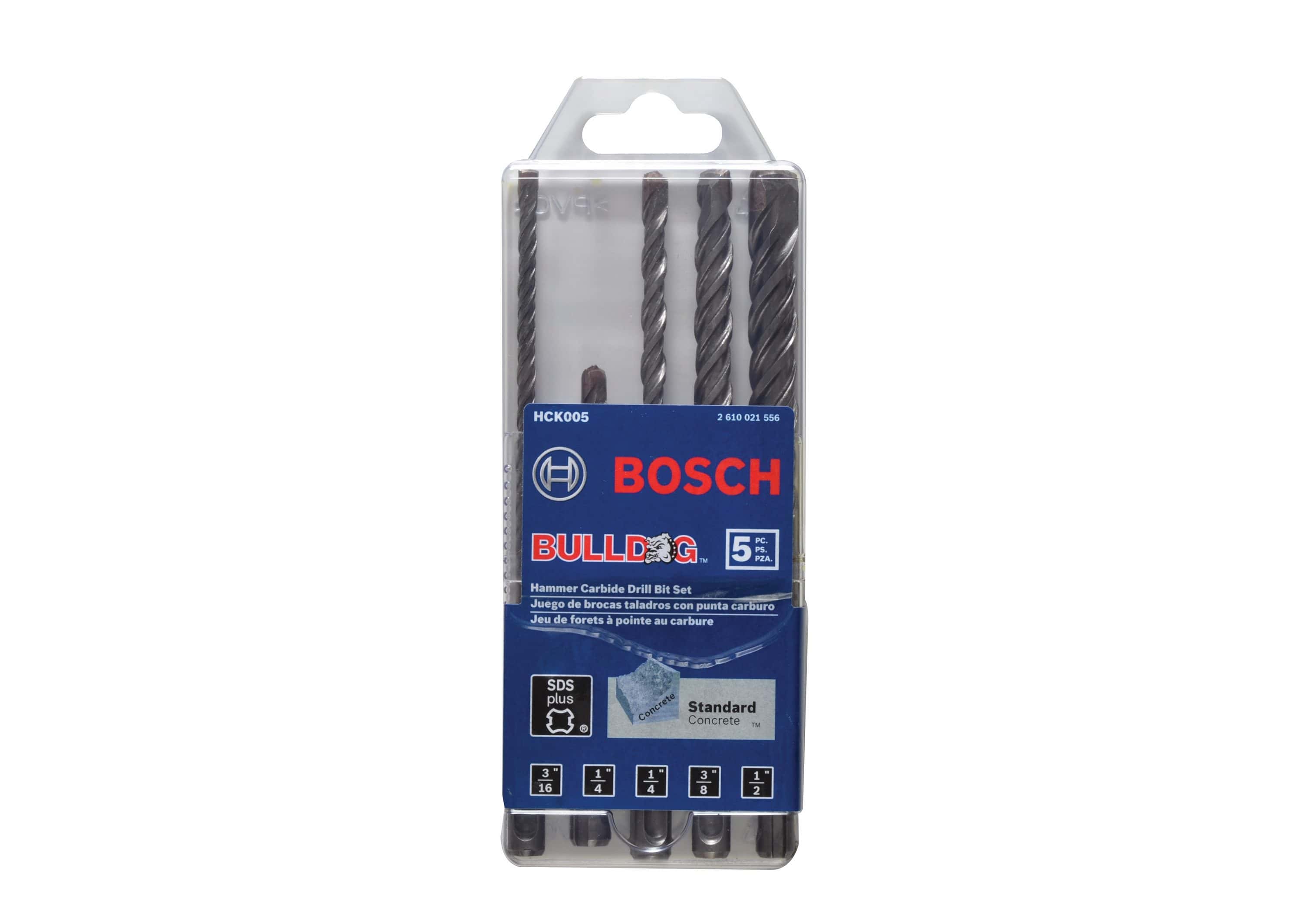 A front-facing view of the Bosch HCK005 5 Piece SDS Plus Bulldog Carbide Rotary Hammer Drill Bit Set packed inside its original clear and blue retail storage case, showing the distinct bit sizing labels along the bottom edge.