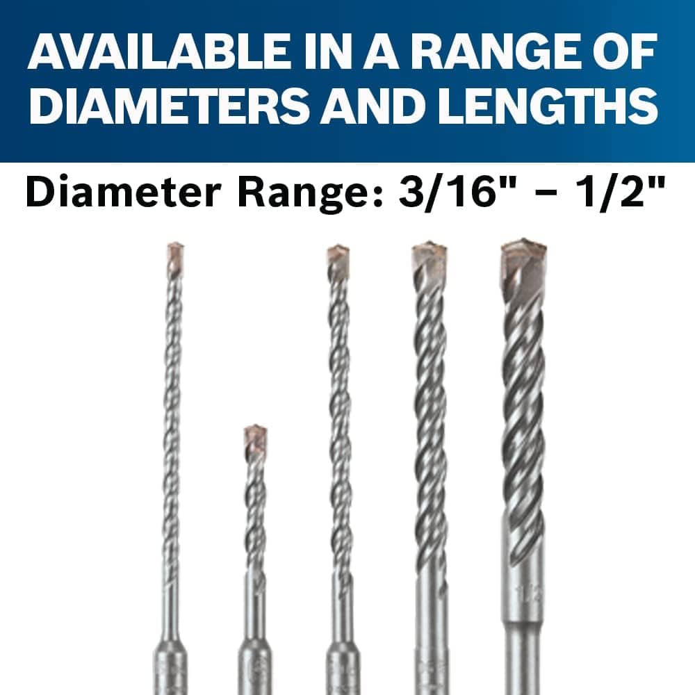 A clean product layout of the five masonry drill bits from the Bosch HCK005 set arranged horizontally under a blue banner reading Available in a Range of Diameters and Lengths - Diameter Range: 3/16" - 1/2".