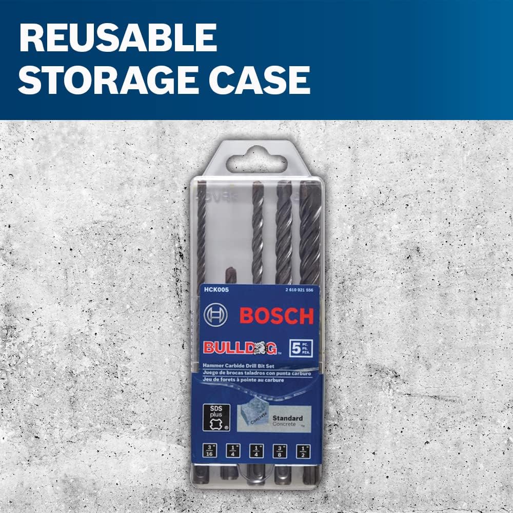 A product marketing image featuring the packaged Bosch HCK005 5 Piece Bulldog drilling bit set centered against a gray concrete background beneath a prominent blue title that reads Reusable Storage Case.