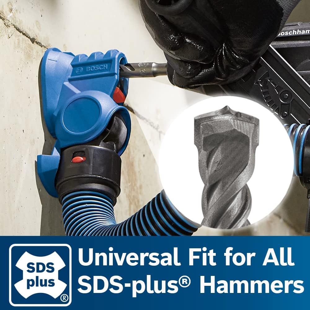 An action close-up of a trade professional operating a Bosch SDS-plus hammer drill with an integrated dust extraction shroud, highlighting a crisp circular cutout of a dual-flute carbide tip and text reading Universal Fit for All SDS-plus Hammers.