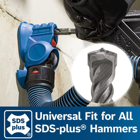 An action close-up of a trade professional operating a Bosch SDS-plus hammer drill with an integrated dust extraction shroud, highlighting a crisp circular cutout of a dual-flute carbide tip and text reading Universal Fit for All SDS-plus Hammers.