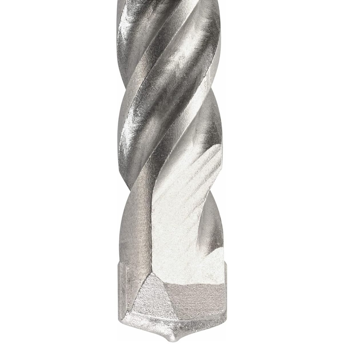 A close-up profile view detailing the heavy duty steel body construction, deep helical dust flutes, and the precision-ground tungsten carbide tip of a Bosch SDS Plus rotary hammer drill bit.