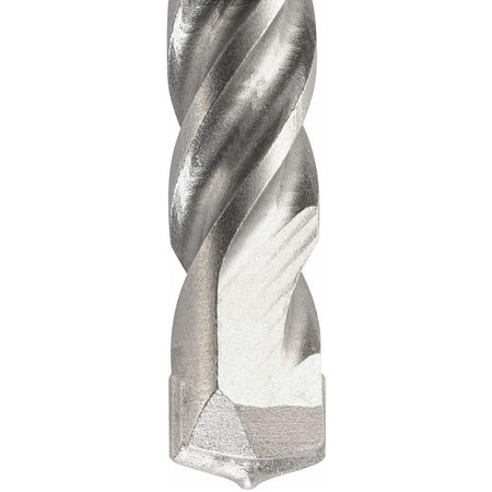 A close-up profile view detailing the heavy duty steel body construction, deep helical dust flutes, and the precision-ground tungsten carbide tip of a Bosch SDS Plus rotary hammer drill bit.