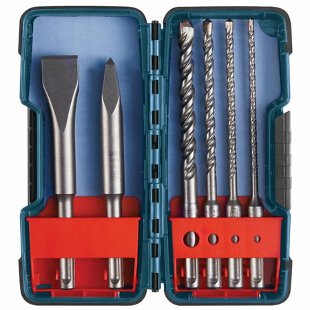 The Bosch HCST006 SDS Plus Bulldog Carbide Rotary Hammer Drill Bit and Chisel Set is displayed fully open. The 6 piece kit is vertically organized within a blue plastic carrying case featuring a red holder insert, showcasing a flat chisel and a point chisel on the left, alongside four assorted masonry drilling bits on the right.