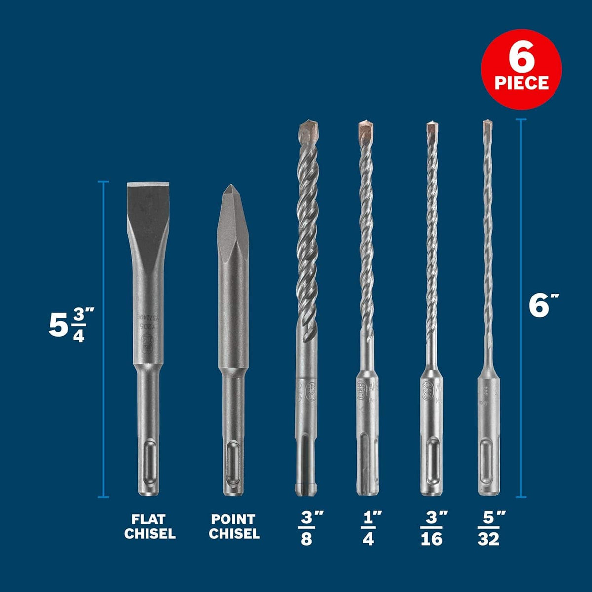 An informative product breakdown layout displaying all six pieces of the Bosch Bulldog set individually with clear sizing labels on a solid dark blue background. The flat chisel and point chisel are marked at 5-3/4 inches in length, and the four carbide rotary hammer drill bits are marked at 6 inches in length with fractional diameters of 3/8 inch, 1/4 inch, 3/16 inch, and 5/32 inch.