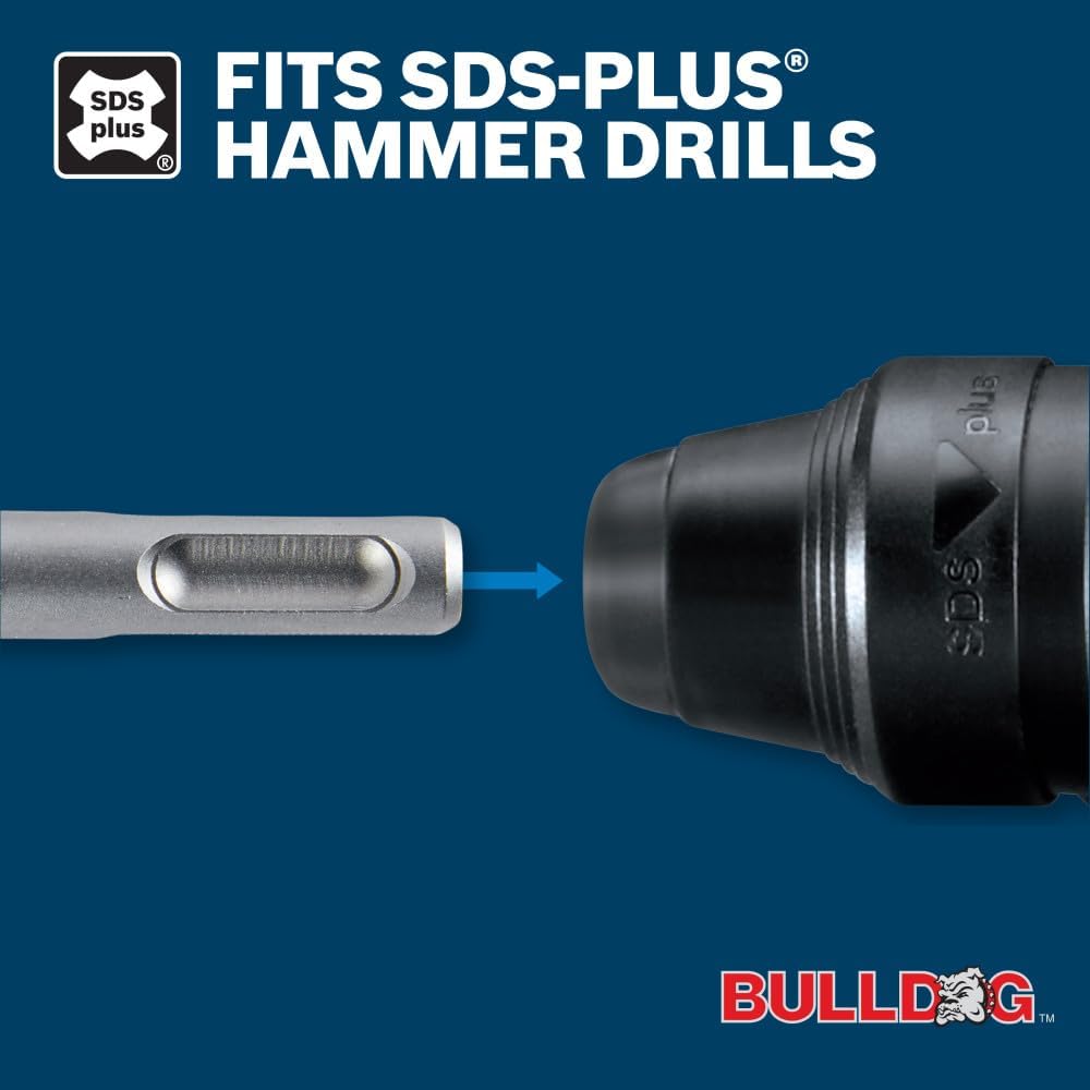 A product compatibility graphic demonstrating a close-up profile view of an SDS Plus bit shank aligning with a blue arrow pointing into a heavy duty rotary hammer drill chuck, under a white title reading Fits SDS-Plus® Hammer Drills.