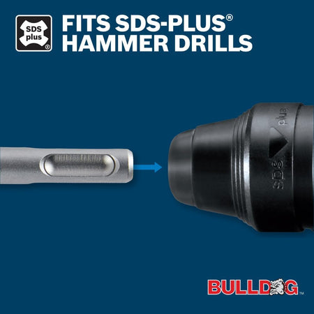 A product compatibility graphic demonstrating a close-up profile view of an SDS Plus bit shank aligning with a blue arrow pointing into a heavy duty rotary hammer drill chuck, under a white title reading Fits SDS-Plus® Hammer Drills.