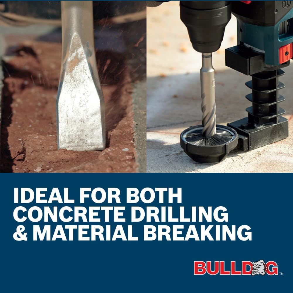 A split-screen marketing image with text reading Ideal for Both Concrete Drilling & Material Breaking. The left panel shows a macro shot of a steel flat chisel chipping away brick and mortar, while the right panel shows a Bosch cordless rotary hammer bit drilling vertically into a concrete slab through a dust extraction shroud.