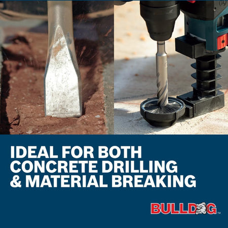 A split-screen marketing image with text reading Ideal for Both Concrete Drilling & Material Breaking. The left panel shows a macro shot of a steel flat chisel chipping away brick and mortar, while the right panel shows a Bosch cordless rotary hammer bit drilling vertically into a concrete slab through a dust extraction shroud.
