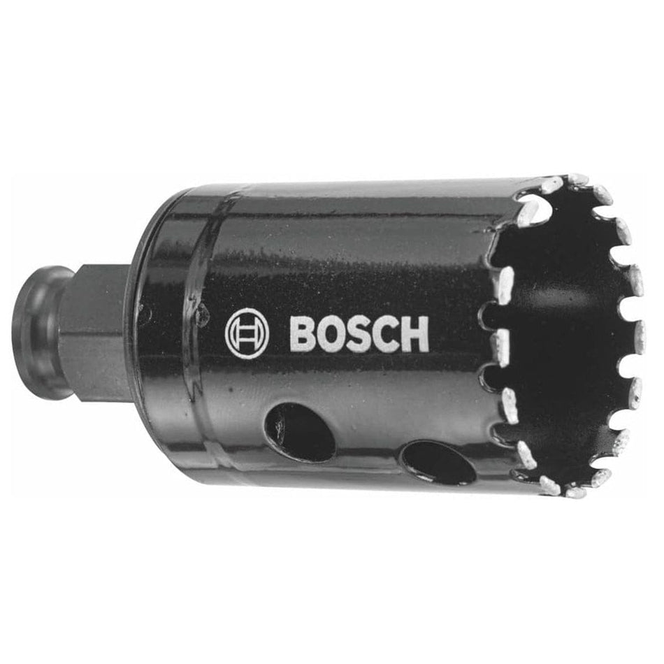 Studio view of the black Bosch HDG134 diamond hole saw featuring a diamond grit cutting edge, side ejection slots, and white logo text.