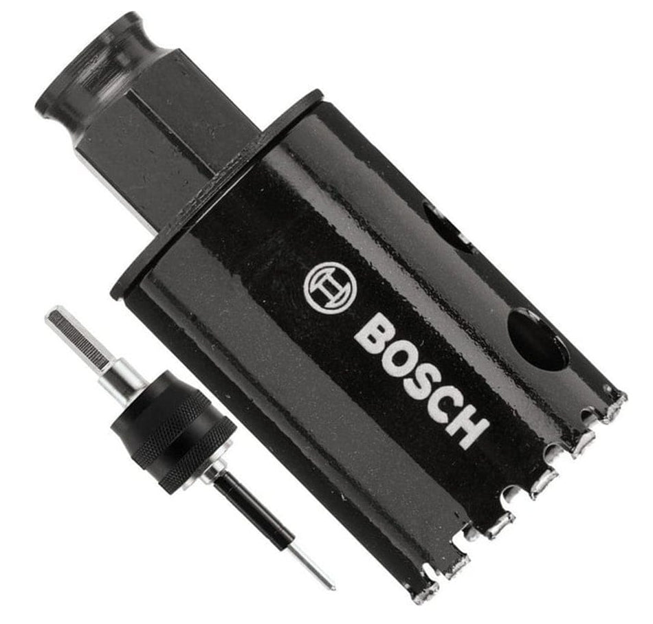 Studio view of the black Bosch HDG138QA diamond hole saw featuring a diamond grit cutting edge, side ejection slots, and an integral quick change adapter.