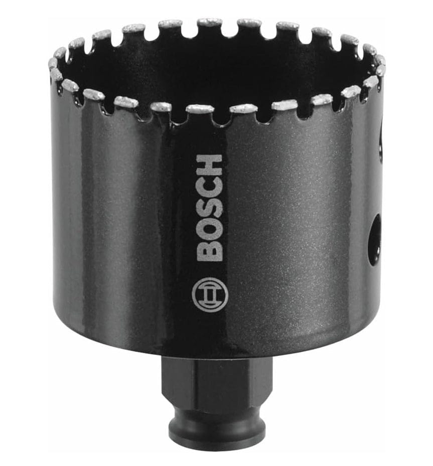 Studio view of the black Bosch HDG212 diamond hole saw featuring a segmented diamond grit cutting edge, white Bosch logo, and integral quick change adapter at the base.