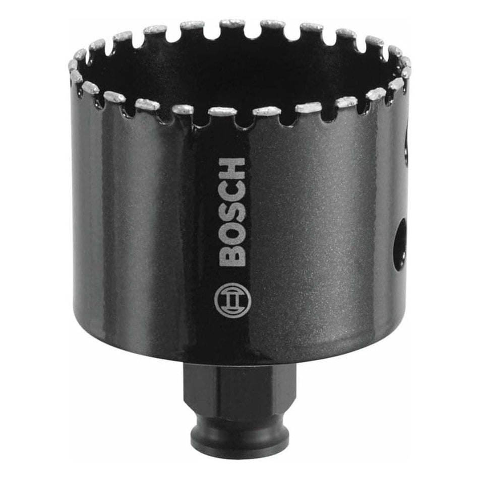 Studio view of the black Bosch HDG212 diamond hole saw featuring a segmented diamond grit cutting edge, white Bosch logo, and integral quick change adapter at the base.