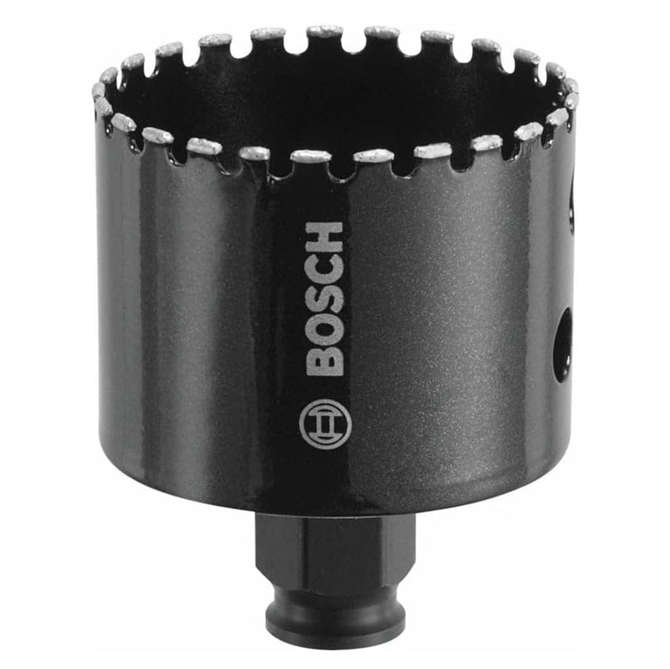 Studio view of the black Bosch HDG212 diamond hole saw featuring a segmented diamond grit cutting edge, white Bosch logo, and integral quick change adapter at the base.