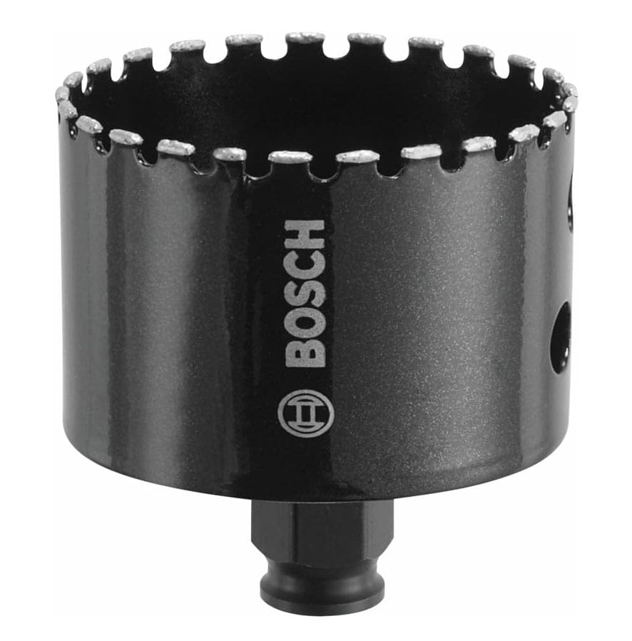 Studio view of the black Bosch HDG234 2-3/4 inch diamond grit hole saw featuring a segmented cutting rim and quick change adapter.