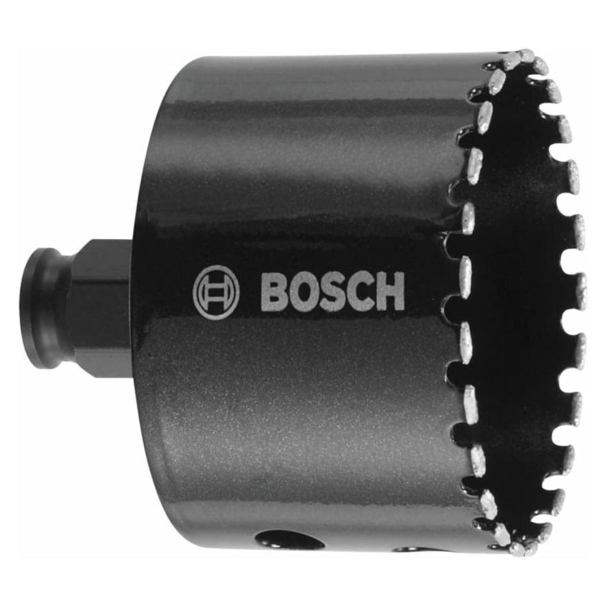 Side profile of the diamond grit hole saw displaying the Bosch logo, side ejection slots, and the segmented diamond cutting edge.