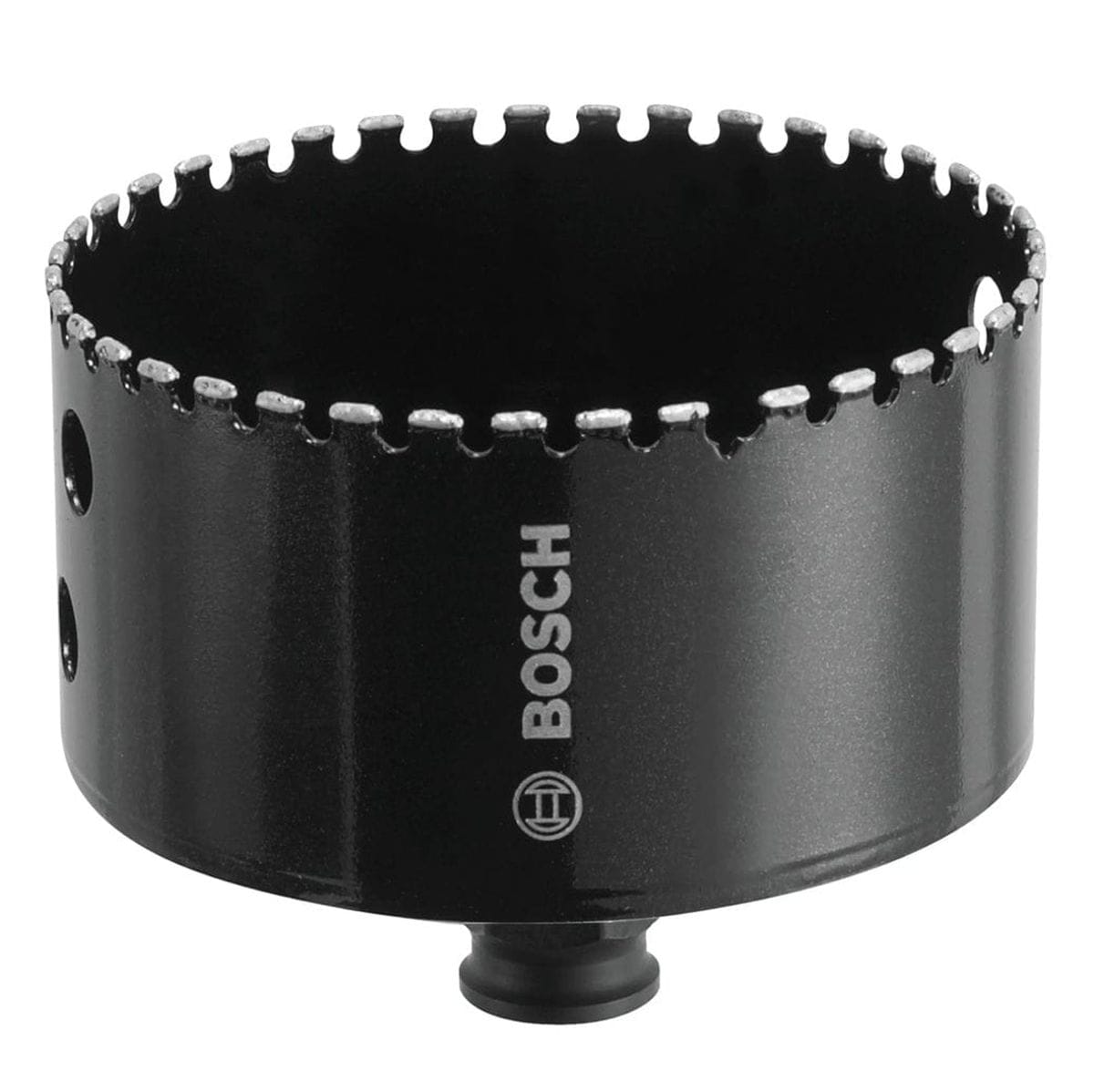 Studio shot of the black Bosch HDG358 diamond hole saw, showcasing the diamond grit cutting edge, side ejection slots, and integral quick change adapter on the bottom.